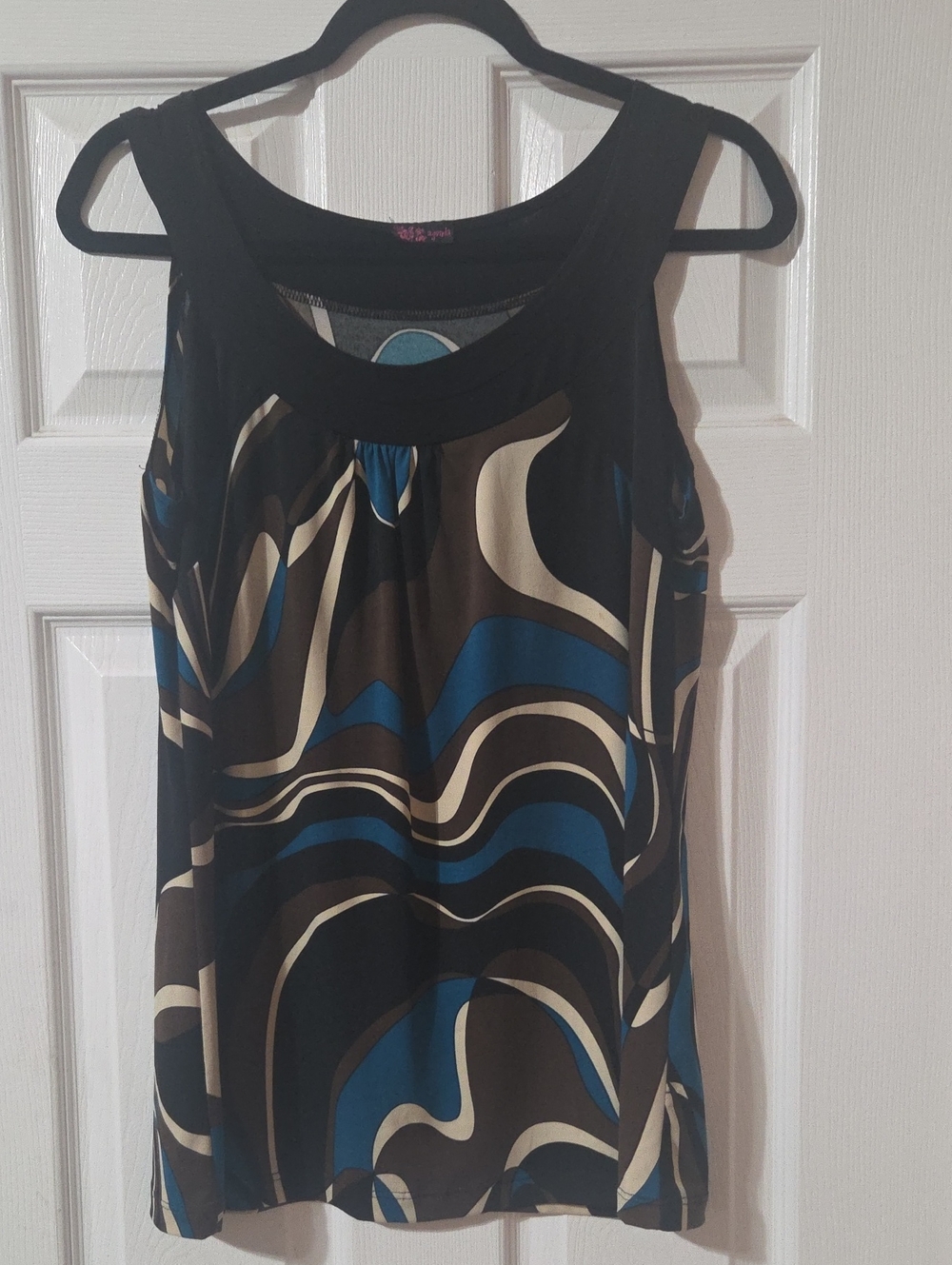 Agenda Black Tank Top with Blue, Cream & Brown Swirl Print